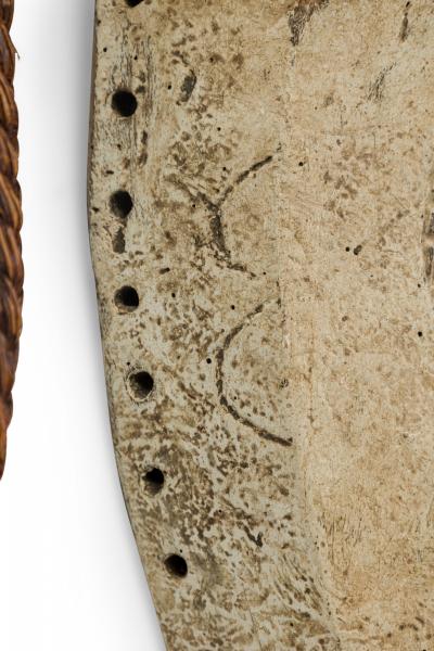 African Gabon Carved Painted Wood Fang Headdress Mask with Monkey Skull