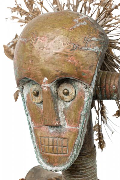 African Gabon Congo Carved Wood Brass Kota Male Reliquary Figure with Basket