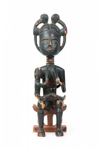 African Ghana 20th Century Carved Wood Akan Seated Mother and Child