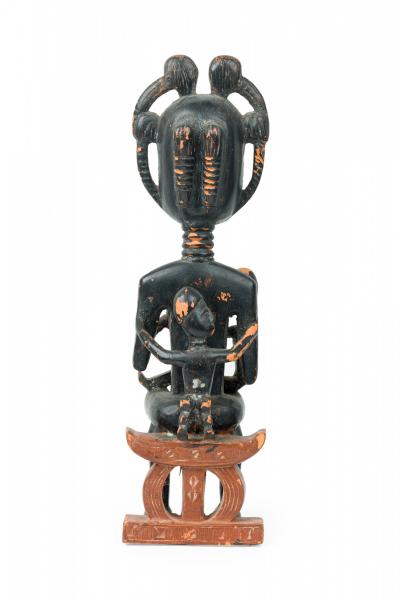 African Ghana 20th Century Carved Wood Akan Seated Mother and Child