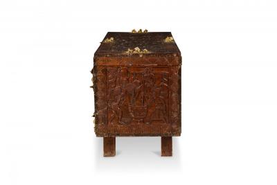 African Hinged Top Carved Wood and Brass Figural Chest