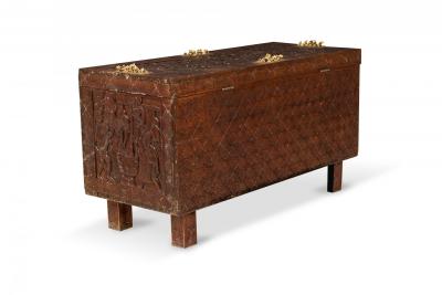 African Hinged Top Carved Wood and Brass Figural Chest