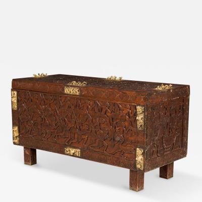 African Hinged Top Carved Wood and Brass Figural Chest