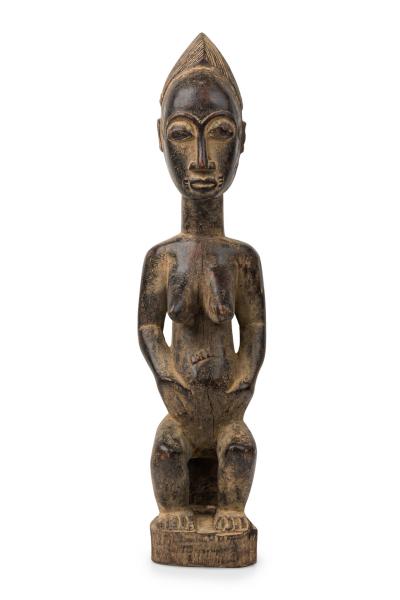 African Ivory Coast Late Carved Wood Baule Seated Female Fertility Figure