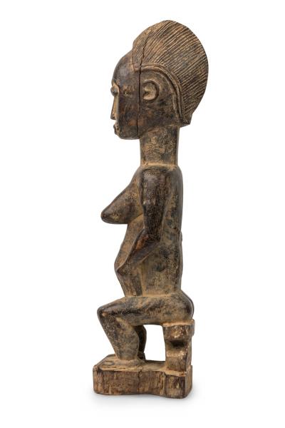 African Ivory Coast Late Carved Wood Baule Seated Female Fertility Figure