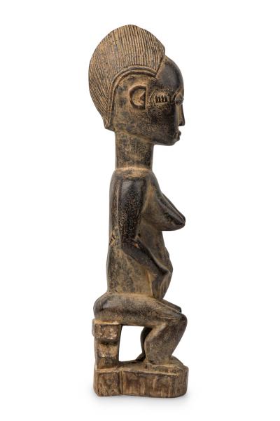 African Ivory Coast Late Carved Wood Baule Seated Female Fertility Figure