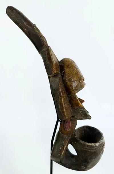 African Kota People Gabon Carved Metal Reliquary Pipe on Stand 20th Century