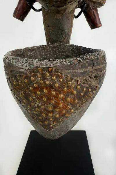 African Kota People Gabon Carved Metal Reliquary Pipe on Stand 20th Century