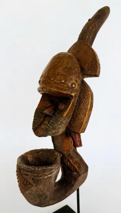 African Kota People Gabon Carved Metal Reliquary Pipe on Stand 20th Century