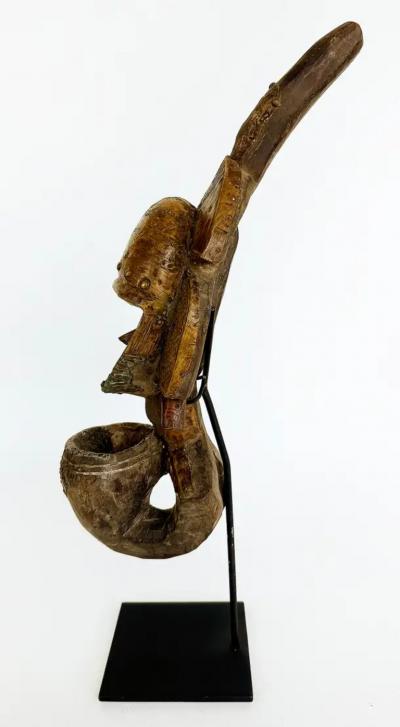 African Kota People Gabon Carved Metal Reliquary Pipe on Stand 20th Century