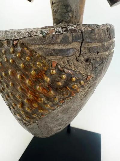 African Kota People Gabon Carved Metal Reliquary Pipe on Stand 20th Century