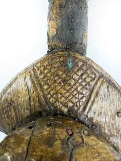 African Kota People Gabon Carved Metal Reliquary Pipe on Stand 20th Century