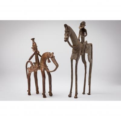 African Mali 20th Century Bronze Dogon Mali pair Horse Rider Figures
