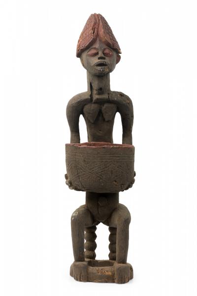 African Nigeria Carved Wood Terra Cotta Yoruba Female Figure with Bowl