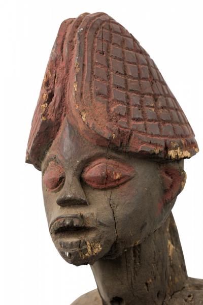 African Nigeria Carved Wood Terra Cotta Yoruba Female Figure with Bowl