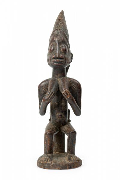 African Nigeria Carved Wood Yoruba Seated Female Fertility Figure with Child