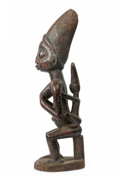 African Nigeria Carved Wood Yoruba Seated Female Fertility Figure with Child