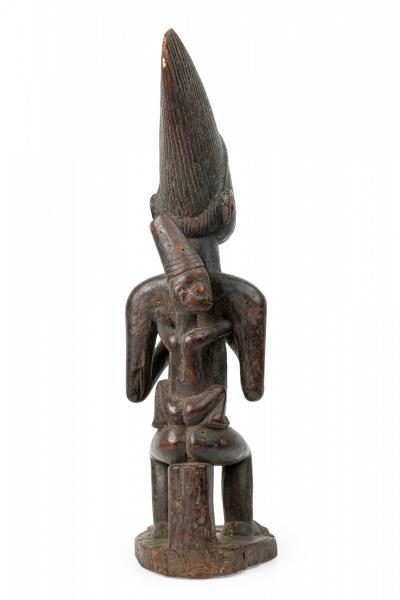 African Nigeria Carved Wood Yoruba Seated Female Fertility Figure with Child
