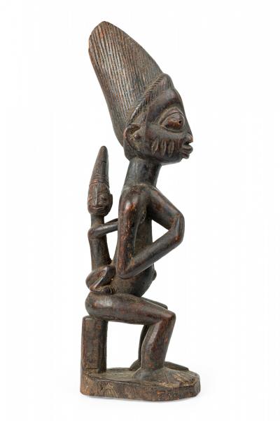 African Nigeria Carved Wood Yoruba Seated Female Fertility Figure with Child