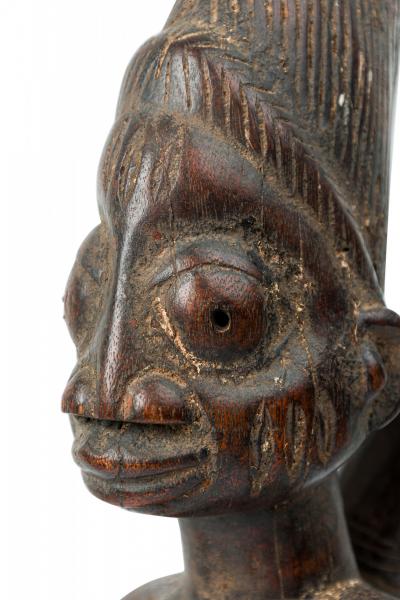 African Nigeria Carved Wood Yoruba Seated Female Fertility Figure with Child
