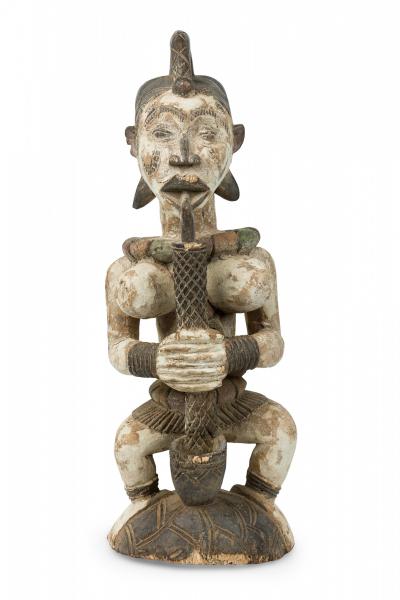 African Southern Nigeria Mid Century Carved Painted Wood Seated Female Anjenu