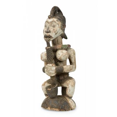 African Southern Nigeria Mid Century Carved Painted Wood Seated Female Anjenu