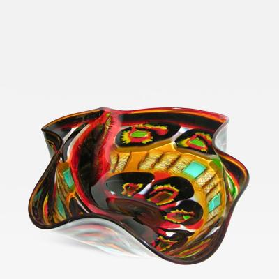 Afro Celotto Afro Celotto Large Free Form Art Glass Bowl in Red Black Turquoise and Yellow