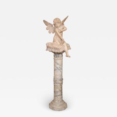 Alabaster Figure Winged Angel Sitting On A Pillow on an Alabaster Pedestal