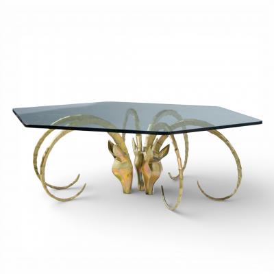 Alain Chervet Alain Chervet Mid Century Brass Ibex Glass Top Coffee Table