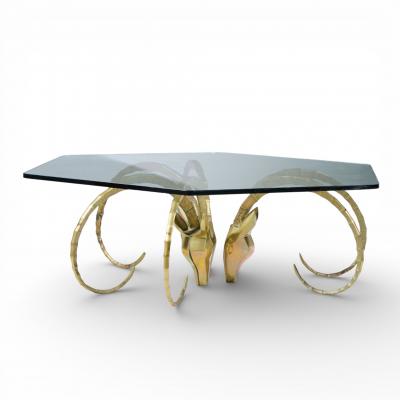 Alain Chervet Alain Chervet Mid Century Brass Ibex Glass Top Coffee Table