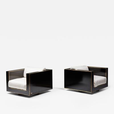 Alain Delon Maison Jansen Pair of Cubic Lounge Chairs in Black and Brass Hollywood Regency