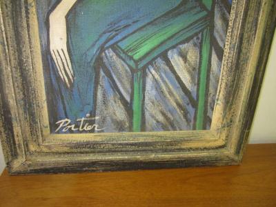 Alain Portier Large Scale Mid Century Modern Oil Painting Blue Lady in Chair Portier