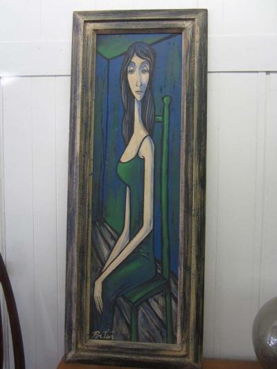 Alain Portier Large Scale Mid Century Modern Oil Painting Blue Lady in Chair Portier