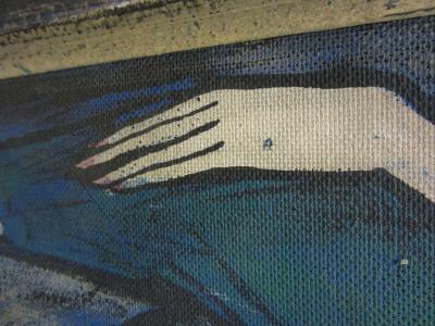 Alain Portier Large Scale Mid Century Modern Oil Painting Blue Lady in Chair Portier