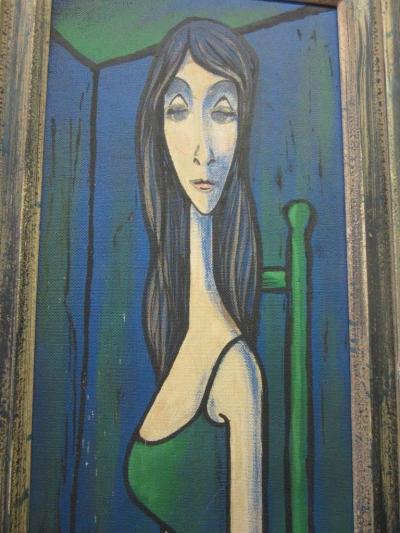 Alain Portier Large Scale Mid Century Modern Oil Painting Blue Lady in Chair Portier