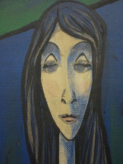 Alain Portier Large Scale Mid Century Modern Oil Painting Blue Lady in Chair Portier