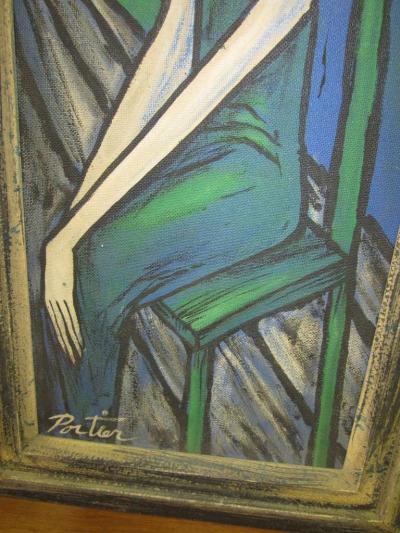 Alain Portier Large Scale Mid Century Modern Oil Painting Blue Lady in Chair Portier