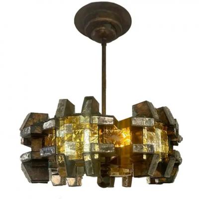 Albano Poli Albano Poli for Poliarte Hammered Murano Glass Wrought Iron Chandelier 1970s