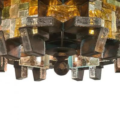 Albano Poli Albano Poli for Poliarte Hammered Murano Glass Wrought Iron Chandelier 1970s