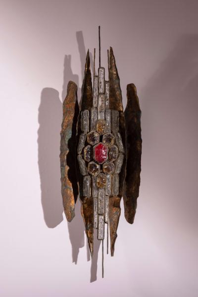 Albano Poli Albano Poli large Brutalist Wall Sconce in Metal and Crystal Poliarte 1970s