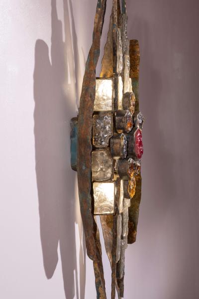 Albano Poli Albano Poli large Brutalist Wall Sconce in Metal and Crystal Poliarte 1970s