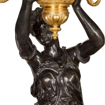 Albert Ernest Carrier Belleuse Monumental Pair of Rouge Marble Gilt and Patinated Bronze Figural Torch res