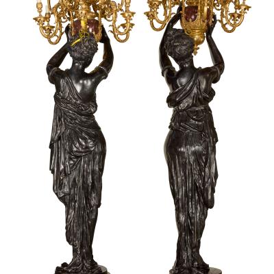 Albert Ernest Carrier Belleuse Monumental Pair of Rouge Marble Gilt and Patinated Bronze Figural Torch res