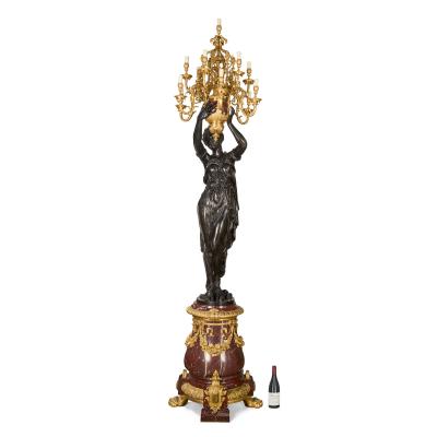Albert Ernest Carrier Belleuse Monumental Pair of Rouge Marble Gilt and Patinated Bronze Figural Torch res
