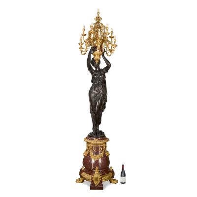Albert Ernest Carrier Belleuse Monumental Pair of Rouge Marble Gilt and Patinated Bronze Figural Torch res