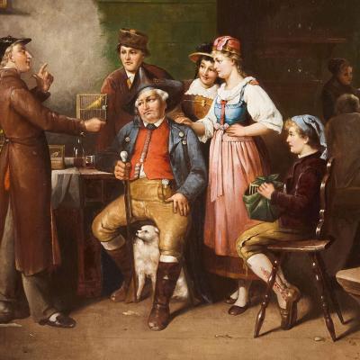 Albert Friedrich Schr der Large antique German oil painting of a canary seller by F Schr der
