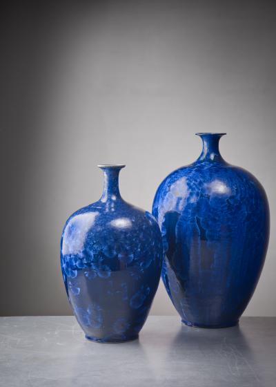 Albert Kiessling Pair of Albert Kiessling blue crystalline ceramic vases