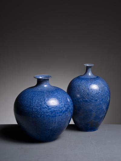 Albert Kiessling Set of 3 Albert Kiessling blue crystalline ceramic vases