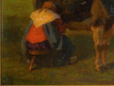 Albert Reibmayr Milking Time 1906 Landscape Painting of Cows by Albert Reibmayr Austrian 