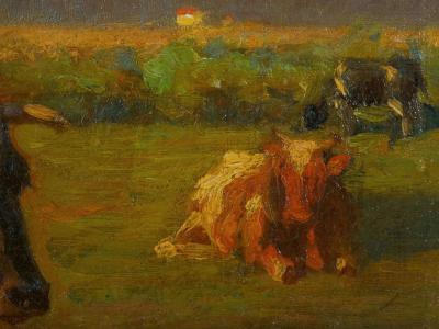 Albert Reibmayr Milking Time 1906 Landscape Painting of Cows by Albert Reibmayr Austrian 